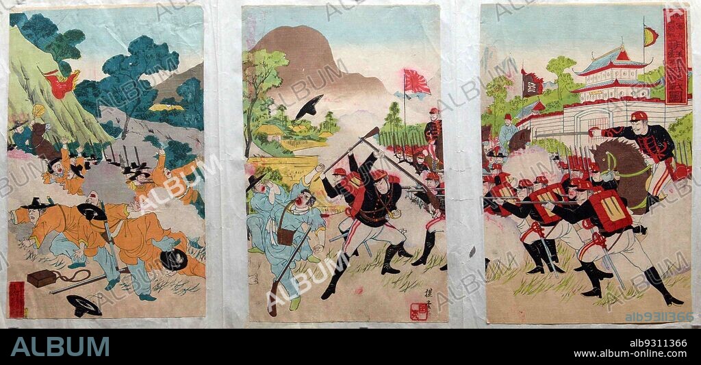 Japan: engraving of the Sino-Japanese war, 1894. The Japanese army first took control of the royal palace in Seoul of Joseon, and the process was drawn by Japanese painters and sold as these prints to Japan.
