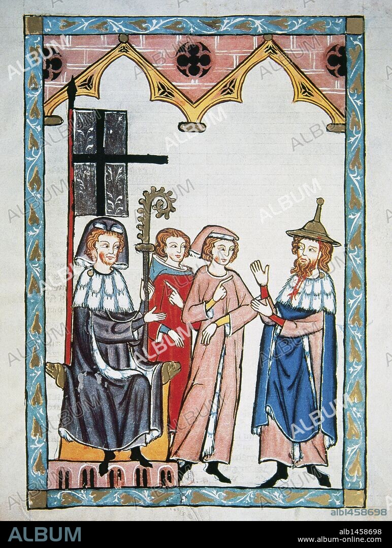 Susskind Der Jude Von Trimberger, Hebrew poet of the 13th century, wearing a typical hat with the Bishop of Constance. Codex Manesse (ca.1300) by Rudiger Manesse and his son Johannes. Miniature. Folio 355r. University of  Heidelberg. Library. Germany.