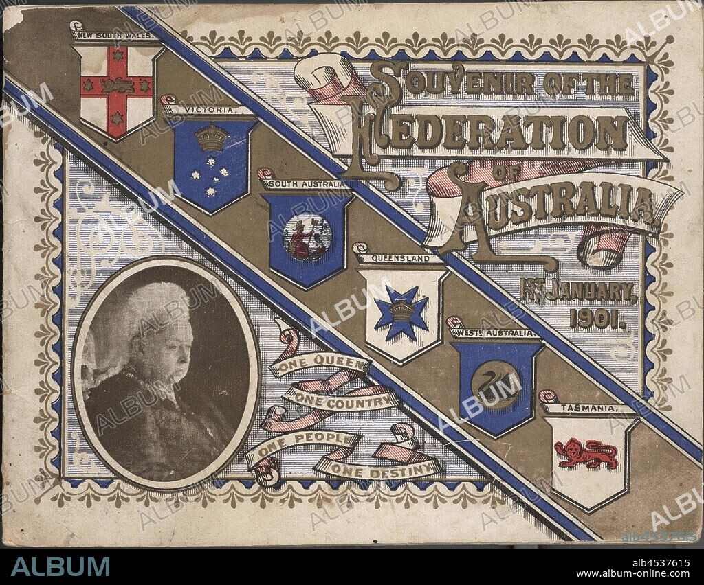 Booklet - 'Souvenir of the Federation of Australia', 1901, A pictorial souvenir published by E Whitehead & Co, Melbourne, to commemorate the Federation of Australia on 1 January 1901. Australia became a nation when the six self-governing colonies united in 1901. The Commonwealth of Australia was inaugurated on 1 January 1901 in Centennial Park, Sydney. In March, elections were held for the new Federal Parliament, and in May the celebrations focused on.