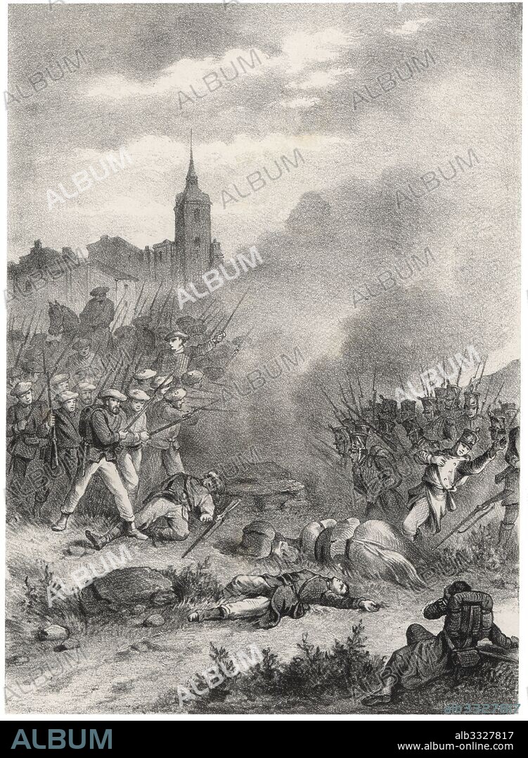 Historia de España. Primera guerra carlista. Batalla de Zubiri y Urdaniz en mayo de 1834 que enfrentó a las tropas del general carlista Tomás de Zumalacárregui y las del general isabelino Marcelino Oráa. Grabado de 1880.