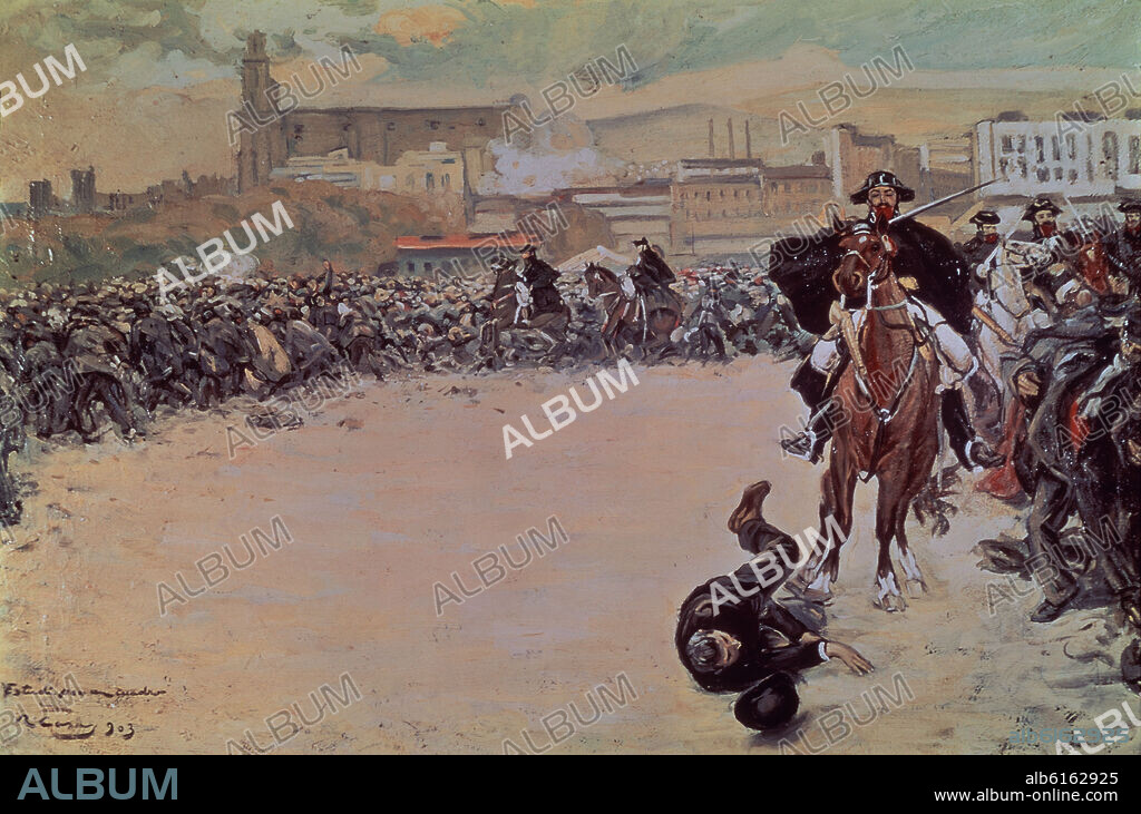 RAMON CASAS Y CARBO. LA CARGA-ESTUDIO PARA CUADRO- 1903- MODERNISMO CATALAN-REALISMO SOCIAL.