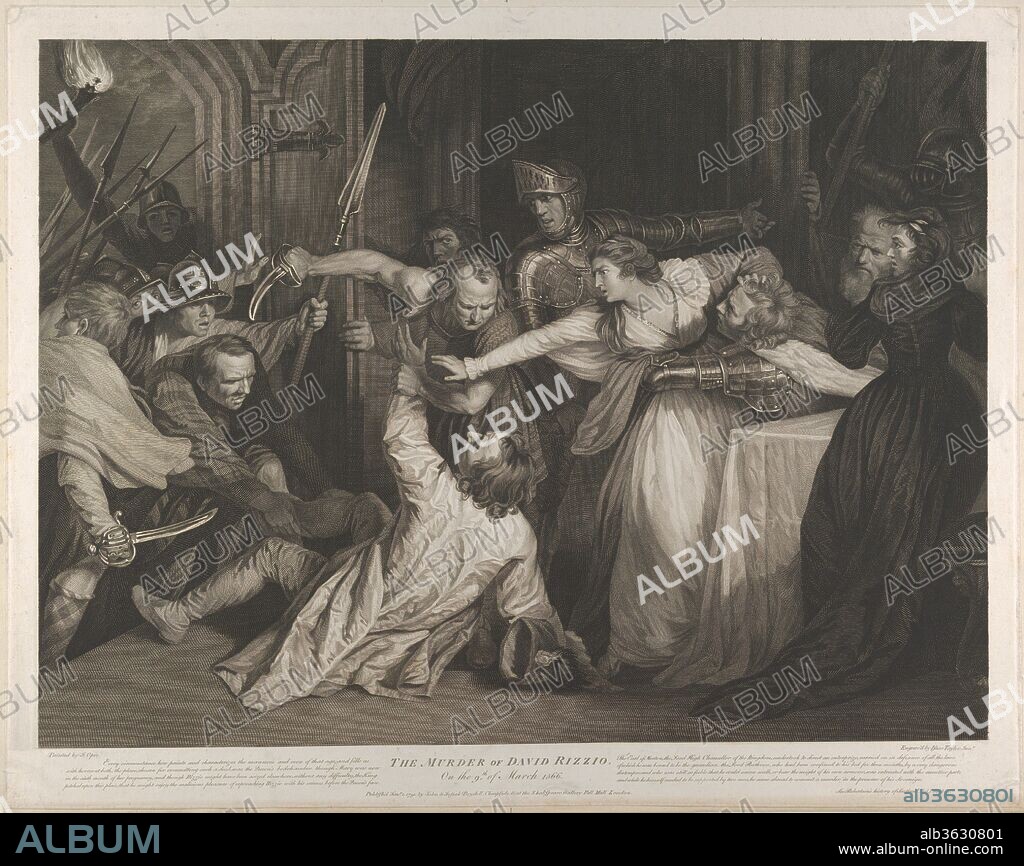 Mary, Queen of Scots witnessing the murder of David Rizzio. Artist: After John Opie (British, St. Agnes, Cornwall 1761-1807 London). Dimensions: Sheet: 19 3/4 × 25 1/16 in. (50.2 × 63.6 cm). Engraver: Isaac Taylor, Jr. (British, 1759-1829). Published in: London. Publisher: John & Josiah Boydell (British, 1786-1804). Sitter: Mary, Queen of Scots (Linlithgow 1542-1587 Fotheringhay, England). Date: January 1, 1791.
In a dramatic night-time scene, Mary Queen of Scots attempts to save her Italian musician Rizzio, who is being attacked by men sent by her husband Lord Darnley. The print won a gold medal and a premium of 10 guineas from the Society of Arts, London, in 1791 and reproduces a large oil painting by Opie, exhibited at the Royal Academy in 1787. Alderman John Boydell bought the work, displayed it at the Shakespeare Gallery on Pall Mall from 1789 until 1793, then presented to the Corporation of London. It is now at the Guildhall Art Gallery.