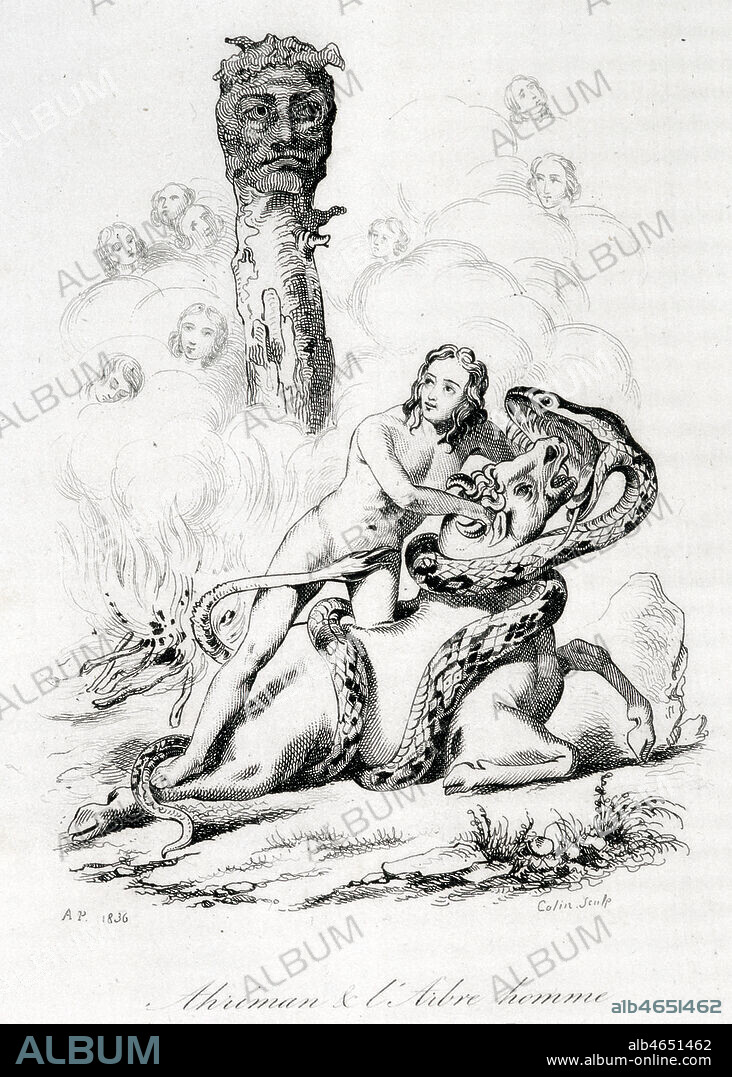 'AHRIMAN, l'arbre homme'. Religion perse. Le dieu du principe du mal, sous la forme d'un serpent, attaque Aboudad, le taureau primordial d'ou sort le premier homme. ( Creation de l'homme selaon les perses) Gravure tiree de la Mythologie Pittoresque publiee en 1849. Credit : Coll. Jonas/KHARBINE-TAPABOR.