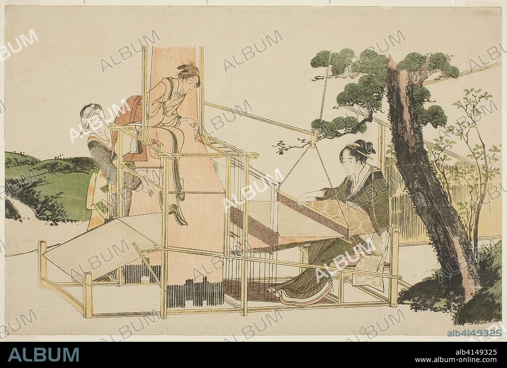 Women weaving on a loom. Katsushika Hokusai ?? ??; Japanese, 1760-1849. Date: 1816-1824. Dimensions: 9 1/2 x 14 1/4 in. Color woodblock print; oban, surimono. Origin: Japan.