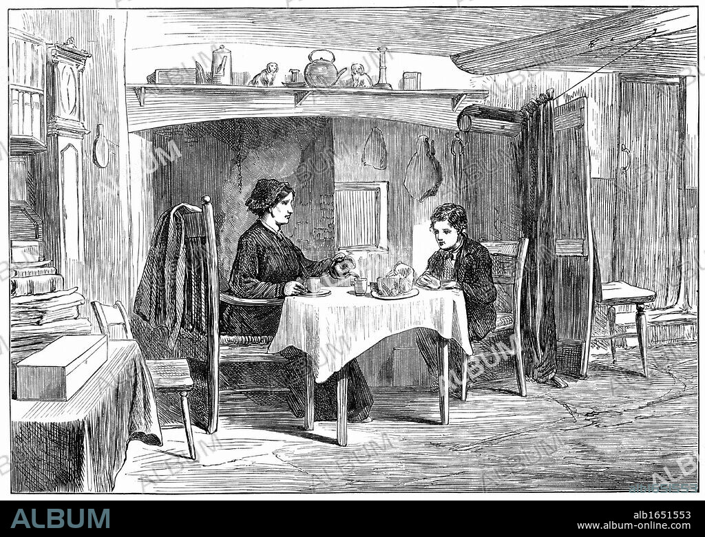 Joseph Arch (1826-1919) English trade unionist, politician and agricultural worker. Founder of National Union of Farm Labourers. Interior of Arch's cottage at Barford, Warwickshire. Wood engraving published London 13 April 1874.