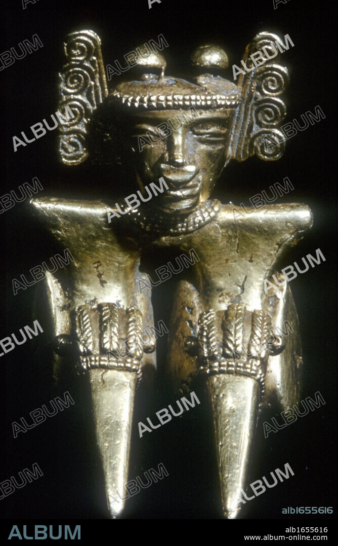 Pre-Columbian: Columbia, Quimbaya. Seated figure, 14-15th century, gold.