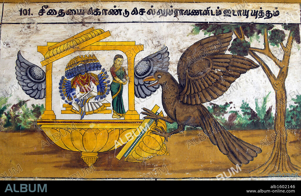 Murals- Epic Ramayana-Wall Paintings in Ramasamy Temple at Kumbakonam, Tamil Nadu, India- When Ravana Kidnapped Sita, Jatayu, King of Eagles attacked Ravana. In the encounter, Ravana unsheathed his sword and cut both the wings of Jatayu. Artist Unknown.