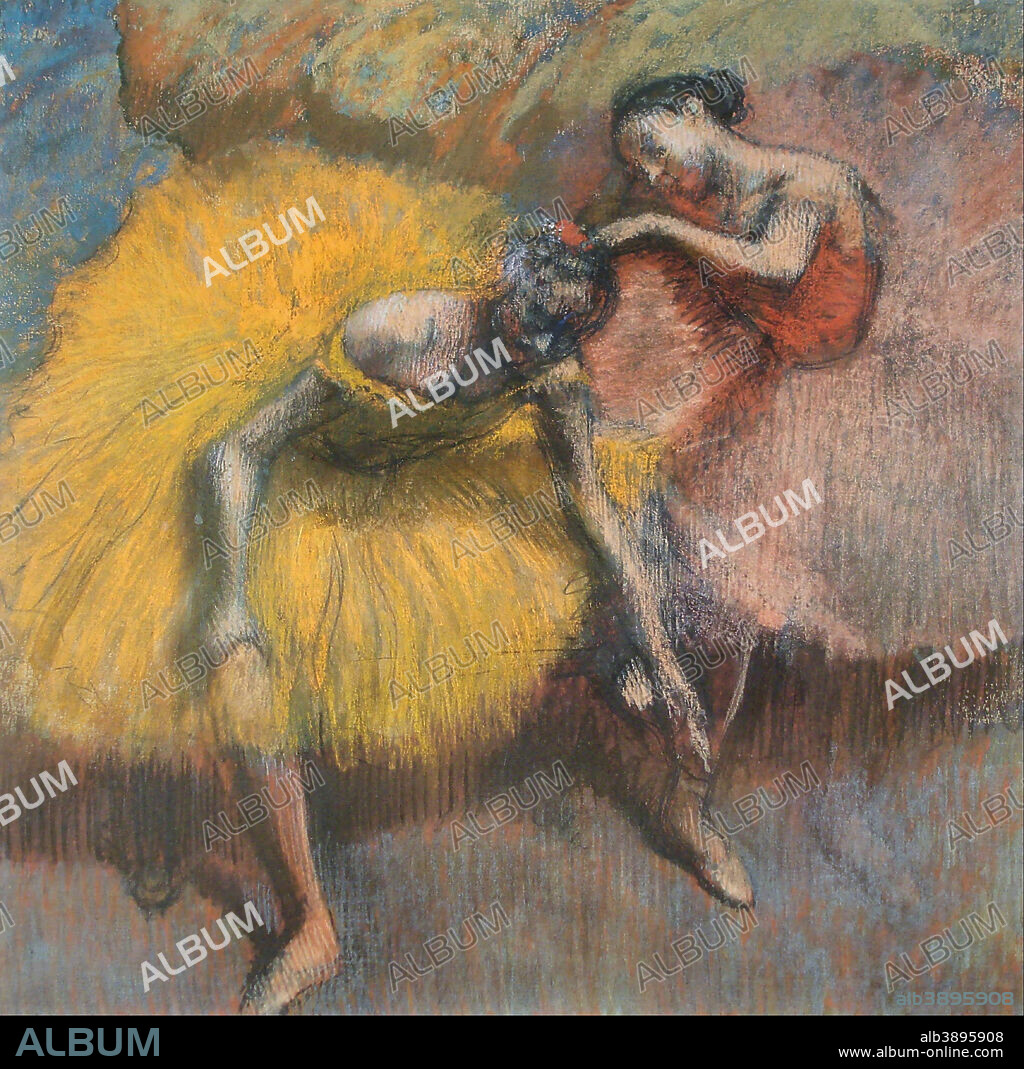 EDGAR DEGAS. Deux danseuses jaunes et roses. Date/Period: Ca. 1898. Painting. Height: 106 mm (4.17 in); Width: 108 mm (4.25 in).
