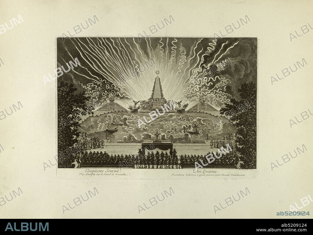 Print, Black ink on rolled paper, Horizontal rectangle: In the foreground the King sits under a canopy flanked by spectators seated in the stands. At center, in the large basin, four men set off fireworks from boats. Beyond, an obelisk flanked by figures of Fame. At right and left, pyramidal structures with dolphin fountains and symbols of Victory. In the background, rockets and fireworks. Engraved on the plate at the lower left: 'Le Pautre, Sculps, 1676.' Inscription at lower left: 'Cinquieme Journee. Feu d'artifice sure le canal de Versailles.' Lower right: 'Dies Quintus Incendium ludicrum e pyrio puluere super alueum Versaliarum.', France, 1676, Print.