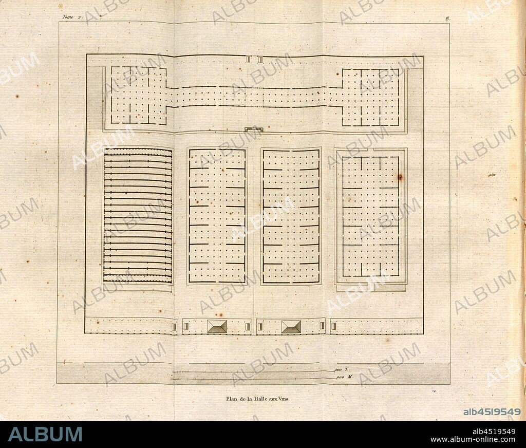 Plan of the Wine Hall, Plan Halle aux vins in Paris, 8, after p. 42, p. 61, J. G. Legrand; C. P. Landon: Description de Paris et de ses édifices: avec un précis historique et des observations sur le caractère de leur architecture, et sur les principaux objets d'art et de curiosité qu'ils renferment. Seconde édition, corrigée avec soin dans toutes ses Parties, et considérablement augmentée. Bd. 2. Paris. Strasbourg. Treuttel et Würtz, 1818.