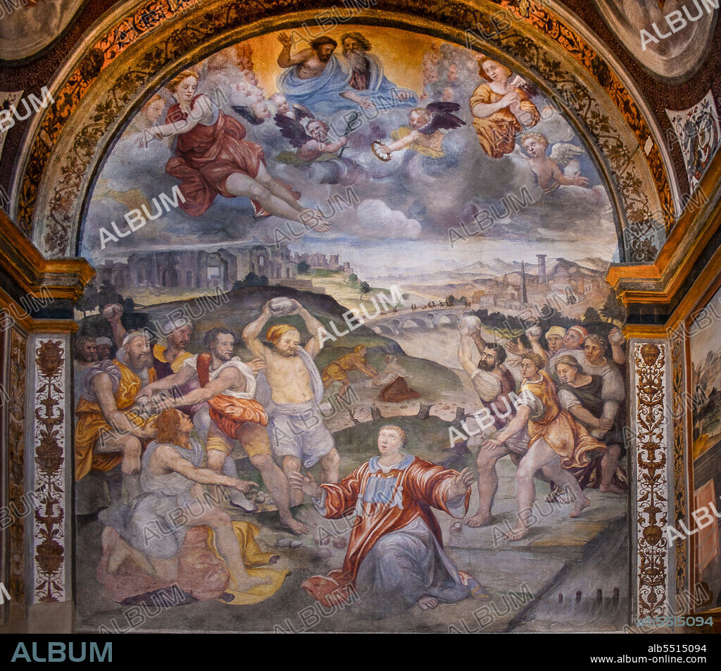 Milan, Lombardy, Italy, Europe. Church of San Maurizio al Monastero Maggiore. Martyrdom of St. Stephen, fresco by Evangelista Luini, realised in 1550 ca., situated in Carreto Chapel.