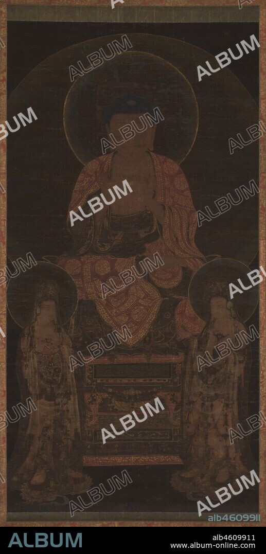 Amitabha triad, ca. 13th century. Amitabha with  mudra, representing the preaching of Buddhist law, sits with two bodhisattvas, Avalokiteshvara and Mahasthamaprapta. Goryeo dynasty (918-1392).