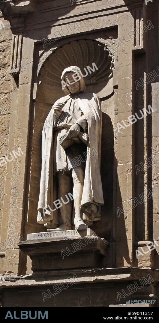Architectural sculpture of Giovanni Villani, Italian diplomat and chronicler, near the Piazza della Signoria, Florence, Italy. Made from marble.