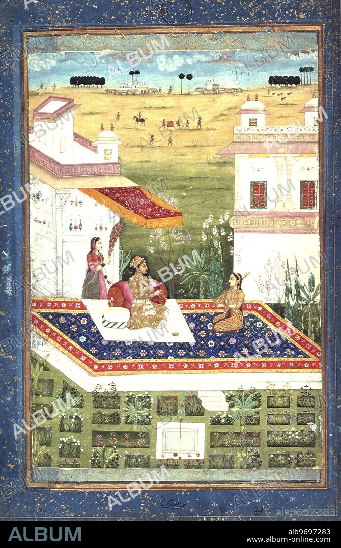 Prince with a tambura player, c1700. The prince is seated against cushions on a carpeted terrace listening to a tambur played by a girl who kneels before him. Another girl stands behind him waving a morchal. In the foreground is a garden with pavillions on either side and beyond, a landscape with buildings.