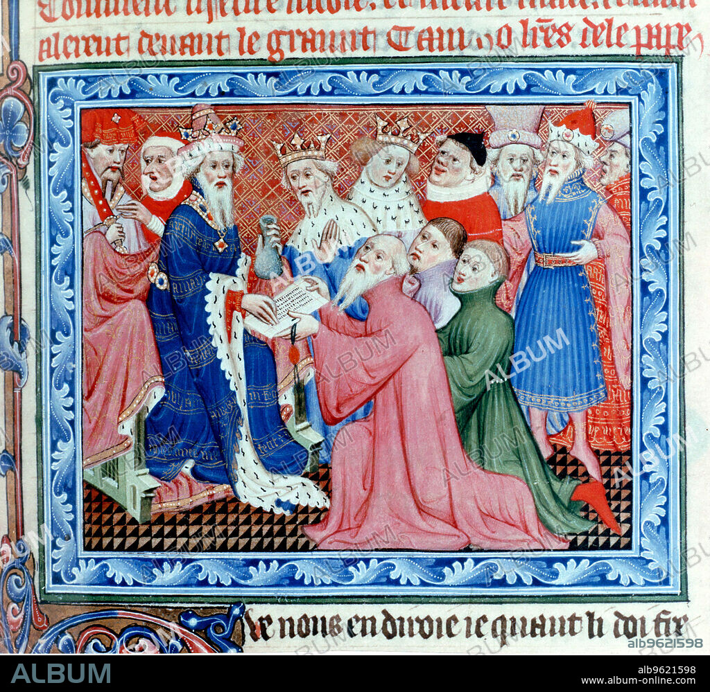 Marco Polo, Venetian traveller and merchant meeting Kublai Khan, c1274. Marco Polo (1254-1324), together with his father and uncle, presenting the Pope's letter to Kublai Khan (1214-1294), Great Khan of the Moguls and, from 1271, Emperor of China. The Polos set off from Venice for Asia in 1271, travelling the Silk Road and arriving at the court of Kublai Khan some three years later. They spent 17 years in China before returning home, arriving back in Italy in 1295. Marco Polo was imprisoned by the Genoese, writing an account of his travels, Il Milione whilst in captivity. Detail of an illuminated manuscript from the Bodleian Library, Oxford.