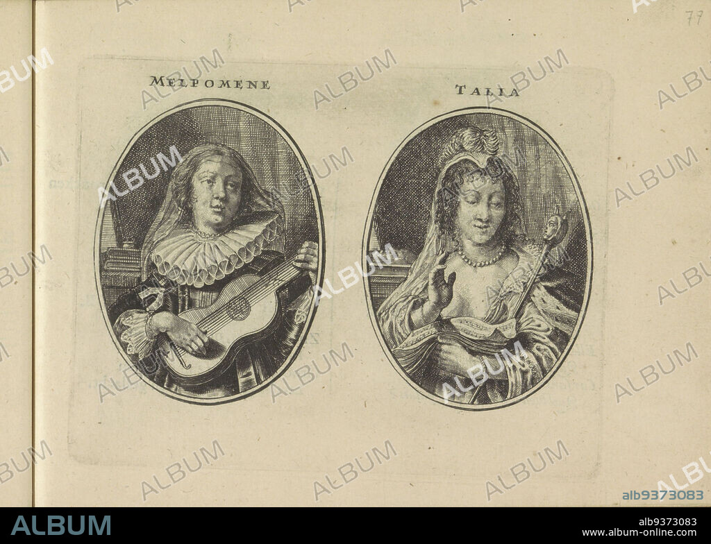 Melpomene and Thalia, Melpomene, Talia (title on object), Les vrais pourtraits de quelques unes des plus grandes dames de la chrestiente desguisees en bergeres. (series title), Two representations on an album leaf. On the left the muse Melpomene, playing a guitar. On the right the muse Thalia with a music book and a fool's flask or jester's stick. The sheet is part of an album., print maker: Crispijn van de Passe (II), publisher: Crispijn van de Passe (II), Amsterdam, 1640, paper, engraving, height 113 mm × width 146 mm.