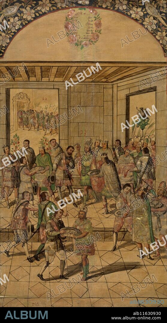 MIGUEL GONZÁLEZ y JUAN GONZALEZ. Juan González; Miguel González / 'Conquista de México por Hernán Cortés (22 y 23)'. 1698. Enconchado, Óleo sobre lienzo sobre tabla, tabla, 97 x 53 cm.