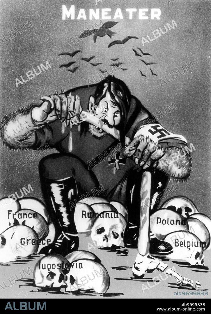 Adolf Hitler cartoon : Maneater - Hitler sits on a pile of skulls , representing all the people he had killed in his war on Europe .