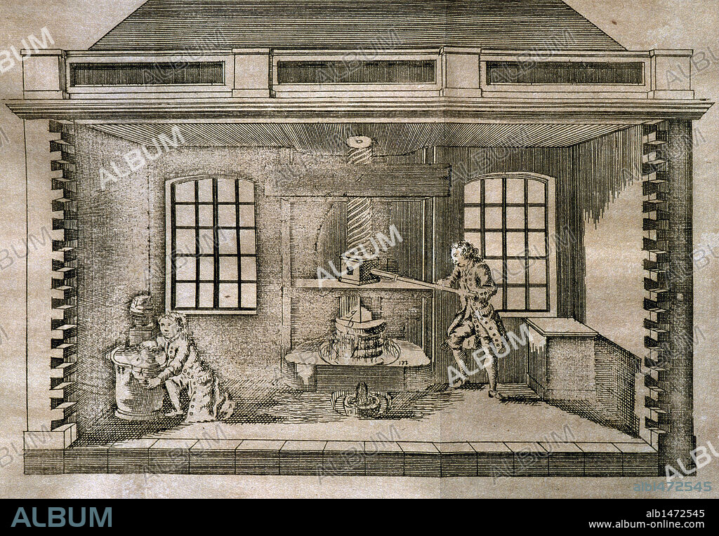 INDUSTRIA DEL SIGLO XVIII. Grabado de 1754 que representa una PRENSA DE ACEITE.