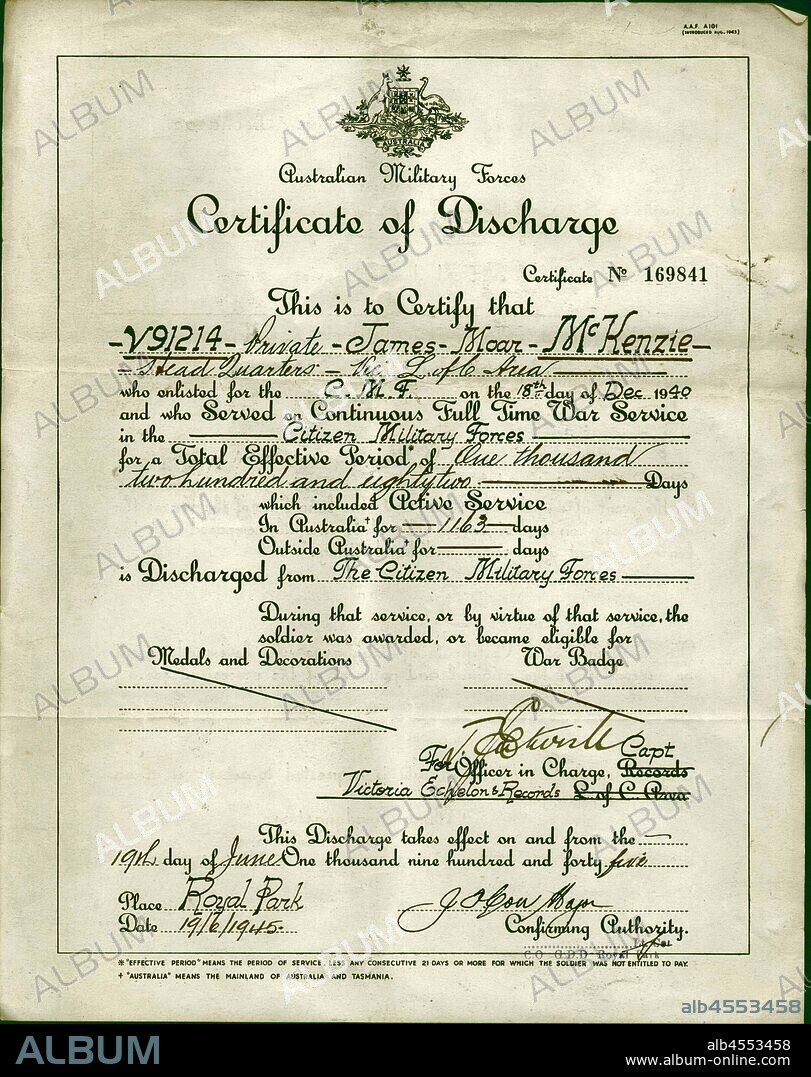 Certificate of Discharge - Issued to Private James Moar McKenzie, Citizen Military Forces, 19 Jun 1945, Certificate of Discharge issued to Private James Moar McKenzie (V91214), 19 June 1945. McKenzie served on continuous full time war service in the Citizen Military Forces for a total effictive period of 1282 days, including active service in Australia for 1163 days.