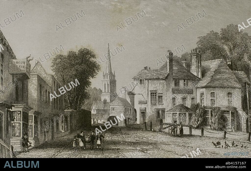Reino Unido. Inglaterra. Highgate. Población separada de Londres hasta finales de la época Victoriana. En su centro histórico destacan calles residenciales características de la arquitectura Georgiana, destacando la Iglesia de San Miguel (Church of St. Michael). A la izquierda un establecimiento de bebidas que vendía productos de la marca Barclay Perkins. Grabado por John Cox (fl. 1834-1839) a partir de un estudio original del pintor paisajista Josiah Henshall (1801-1869). "London and its Environs", h. 1840 (Londres y sus Alrededores). Biblioteca Histórico Militar de Barcelona, Cataluña, España.
