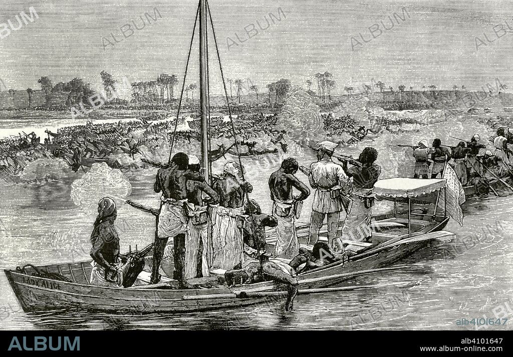 Africa. Ataque llevado a cabo por sesenta y tres canoas de los piratas Bangalas. En primer plano la Lady Alice repeliendo la agresión. Grabado. Africa Inexplorada, El Continente Misterioso, por Henry Morton Stanley, h. 1887. Biblioteca Histórico Militar de Barcelona, Cataluña, España.