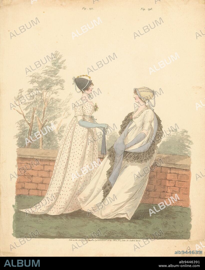Gallery of Fashion, Two ladies by a wall., print maker: anonymous, publisher: Nicolaus Heideloff, (mentioned on object), London, 1-May-1801, paper, etching, height 298 mm × width 237 mm.