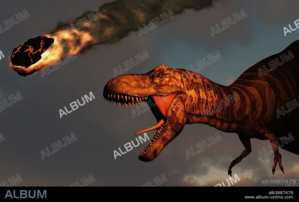 A vicious T-rex dinosaurs observing a falling asteroid that led to the Cretaceous-Paleogene extinction event.