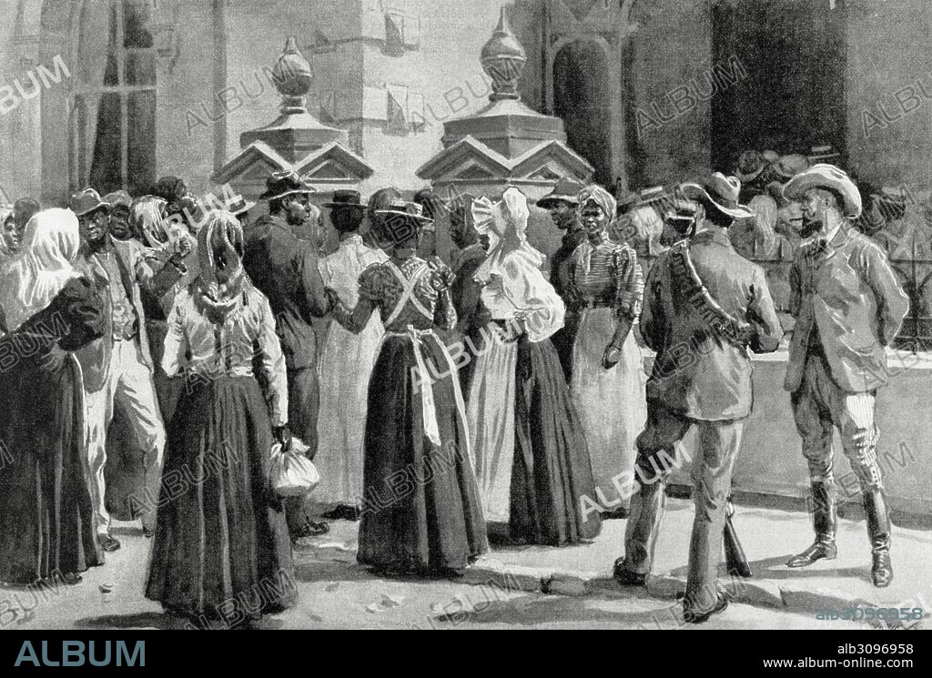 GUERRAS DE LOS BOERES. Segunda Guerra (1899-1902). Conflicto que enfrentó a británicos y bóers (antiguos colonos de origen neerlandés) en la actual Sudáfrica. "El Exodo de Johannesburgo: Indígenas disponiéndose a abandonar la ciudad. Grabado de "La Ilustración Artística", 1900.