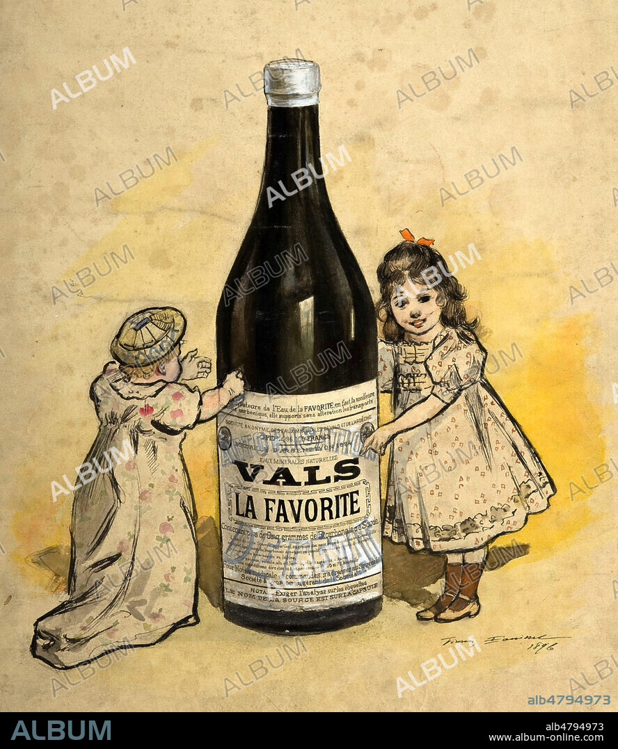 Deux enfants autour d'une bouteille d'eau minerale Vals La Favorite. Projet d'affiche publicitaire de 1896. Illustration originale par Firmin BOUISSET (1859-1925). Credit : Collection IM/KHARBINE-TAPABOR.
