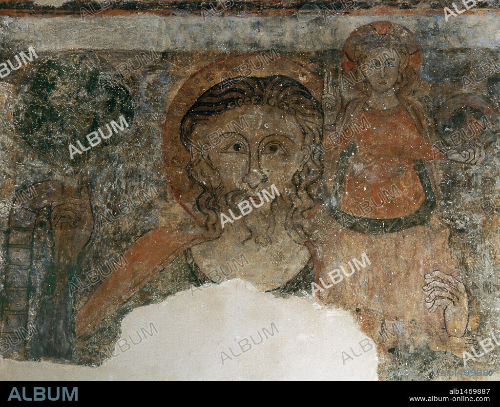 St. Christopher and Child. Frrench-gothic style fresco (second third 14th century). Church of St. Martin of Tours. Ecay (Ekai). Navarra. Spain.