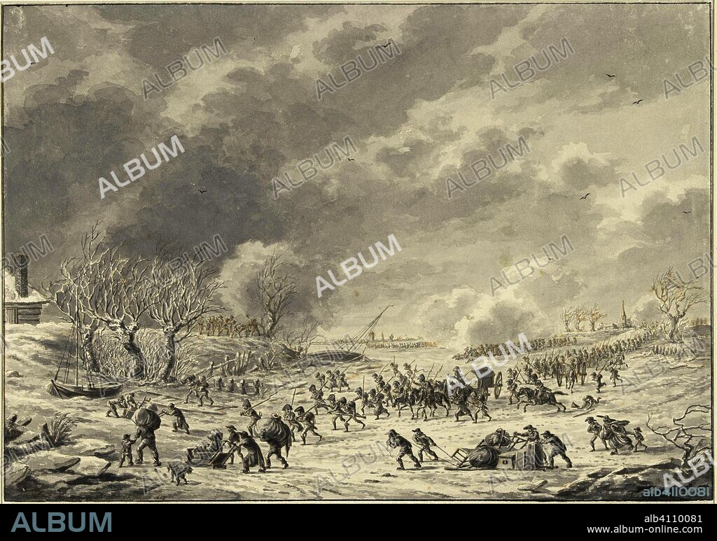 The French are crossing the Waal at Bommel, January 1795. Draughtsman: Dirk Langendijk. Dating: 1803. Measurements: h 210 mm × w 298 mm.