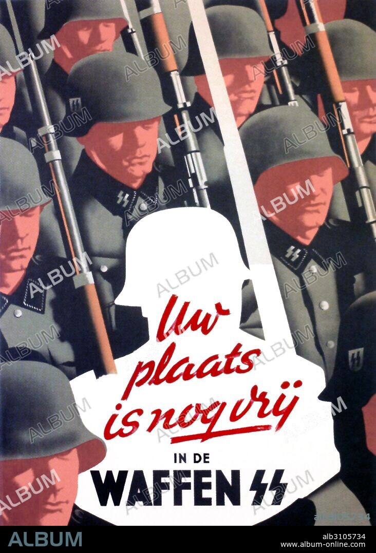 Nazi propaganda poster to recruit Dutch Waffen SS volunteers. 'Nazi; Your Place is Still Vacant in the Waffen SS' recruiting in the Netherlands, during World war Two, 1942.