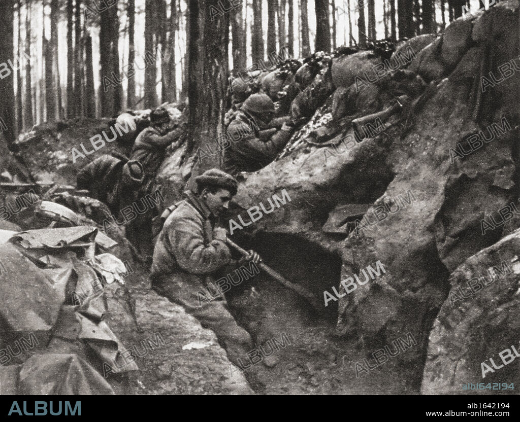 Specially enlisted navvies digging shelter-trenches during First World War From The Illustrated War News published 1915.
