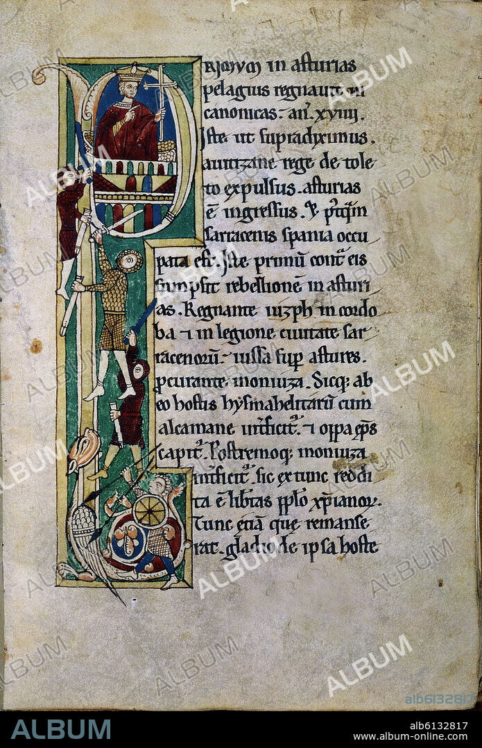 CRONICON - LETRA CAPITULAR - DON PELAYO, REY VISIGODO Y SUS EJERCITO-S XII-MINIATURA ROMANICA-MS2805-F23.