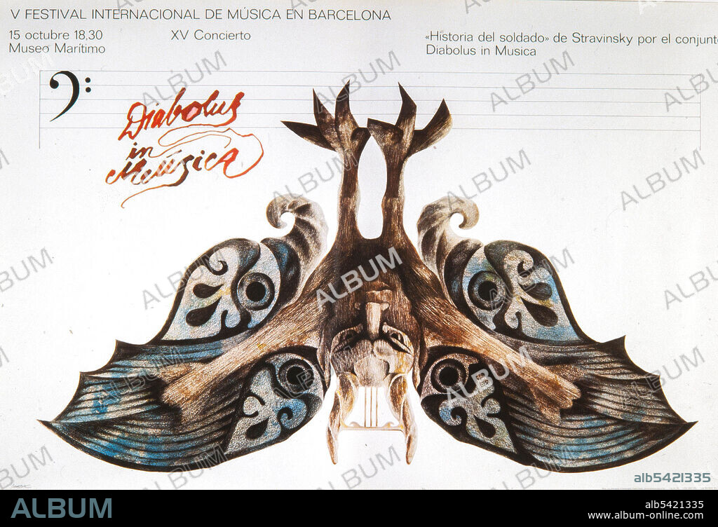 Cartel de Joan Pedragosa, 'V Festival Internacional de Música en Barcelona. Historia del soldado de Stravinsky por el conjunto Diabolus in Musica', años 70. Colección privada.