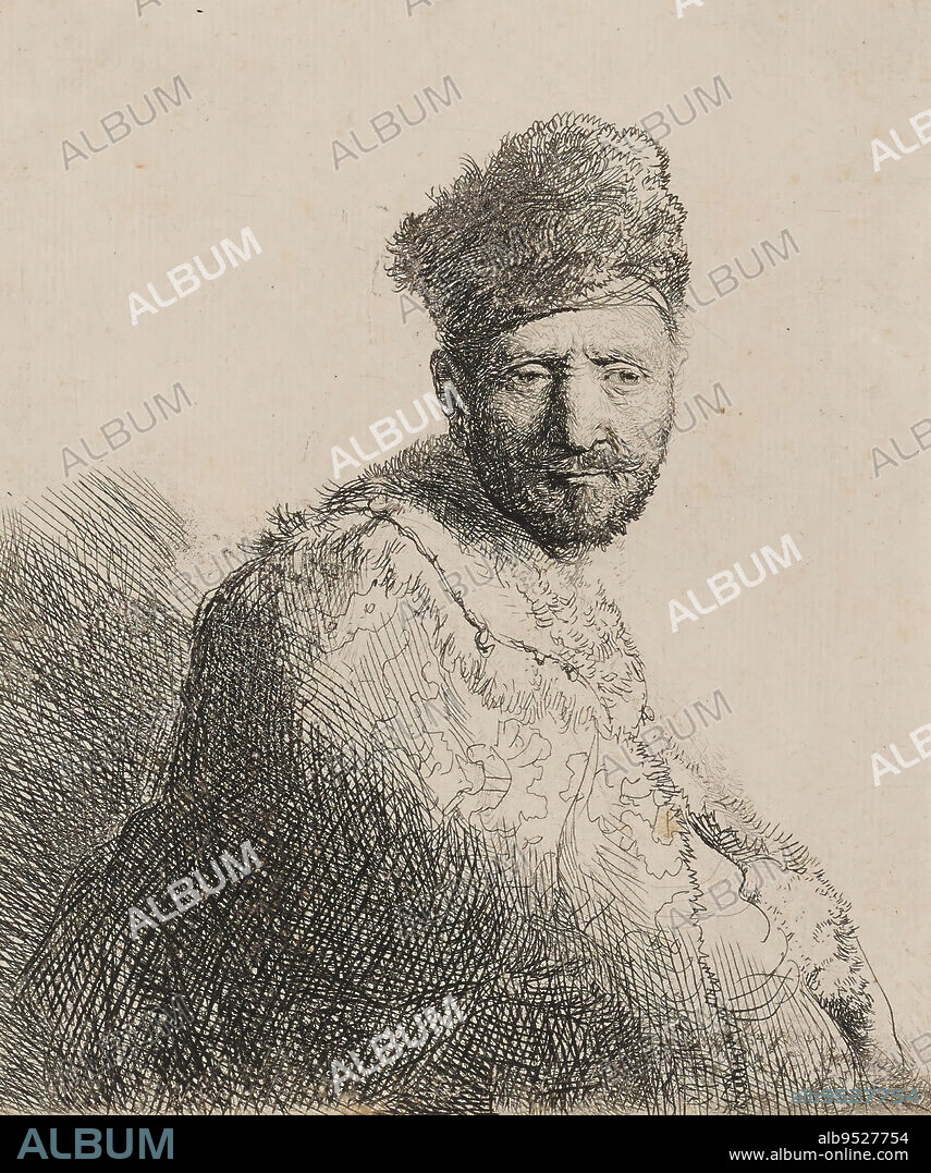 Bearded Man in Furred Oriental Cap and Robe: Half-Length, 1631, Rembrandt Harmensz. van Rijn, Dutch, 16061669, 5 1/16 x 4 5/16 in. (12.9 x 11 cm) (sheet), Etching, The Netherlands, 17th century, Like other artists of his time, Rembrandt used real models to sit for imaginary portraits. This model reappears in many prints and paintings by Rembrandt and other artists in his circle.