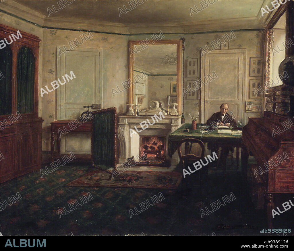 The Office of Don Manuel Romero de Terreros in Paris, Gabinete de Don Manuel Romero de Terreros en París, José María Calderón, Mexican, 1823-1876, Oil on canvas, France, 1870, 25 1/2 x 31 3/4 in., 64.8 x 80.6 cm, darn, desk, door, embers, fire screen, fireplace, man, mirror, office, painting, room, seated, window, work, writing.