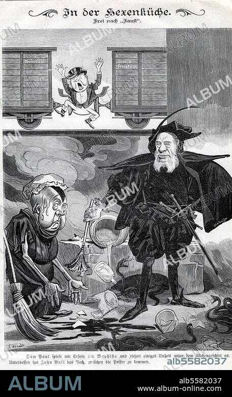 Krüger, Paulus, genannt Ohm Krüger südafrikanischer Politiker; 1825-1904. "In der Hexenküche. Frei nach Faust. Oom Krüger spielt mit Erfolg den Mephisto (...) Unterdessen hat John Bull das Pech, zwischen die Puffer zu kommen" (Ohm Krüger und Viktoria von England). Karikatur von Gustav Brandt aus:. Kladderadatsch, 1897.