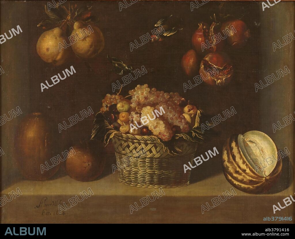 Alejandro de Loarte / 'Bodegón con cesta de uvas y otras frutas'. 1624. Óleo sobre lienzo, 81,5 x 108 cm.