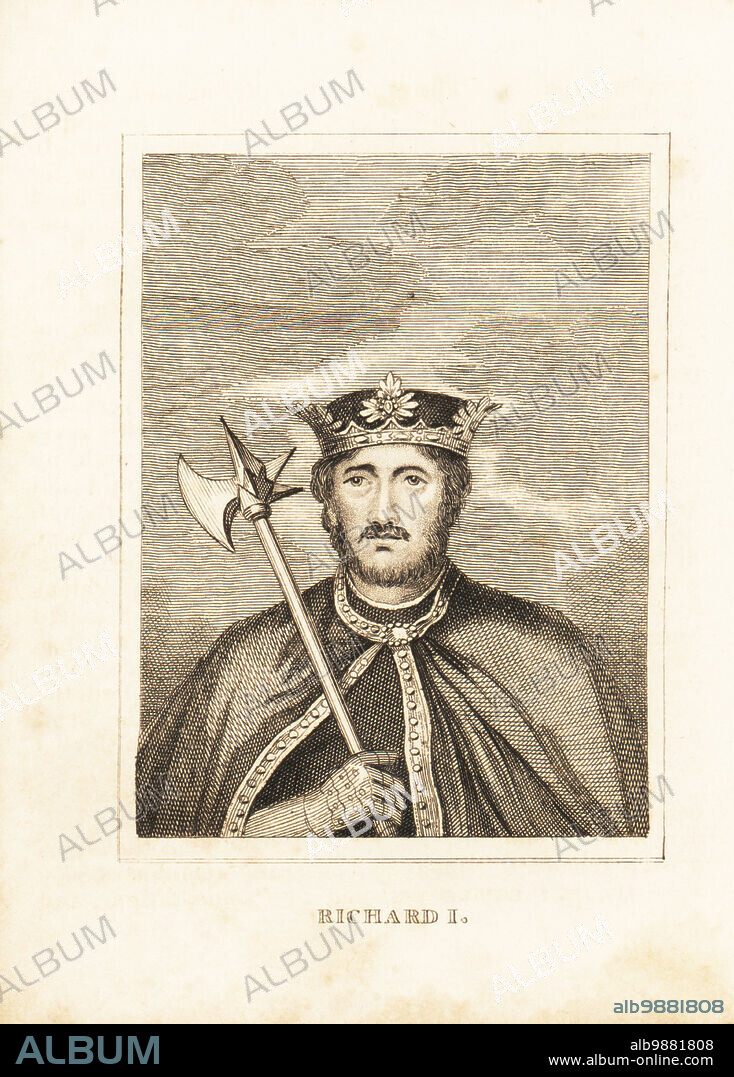 Portrait of King Richard I of England in crown, armour and cape, holding battle ax. Copperplate engraving from M. A. Jones History of England from Julius Caesar to George IV, G. Virtue, 26 Ivy Lane, London, 1836.
