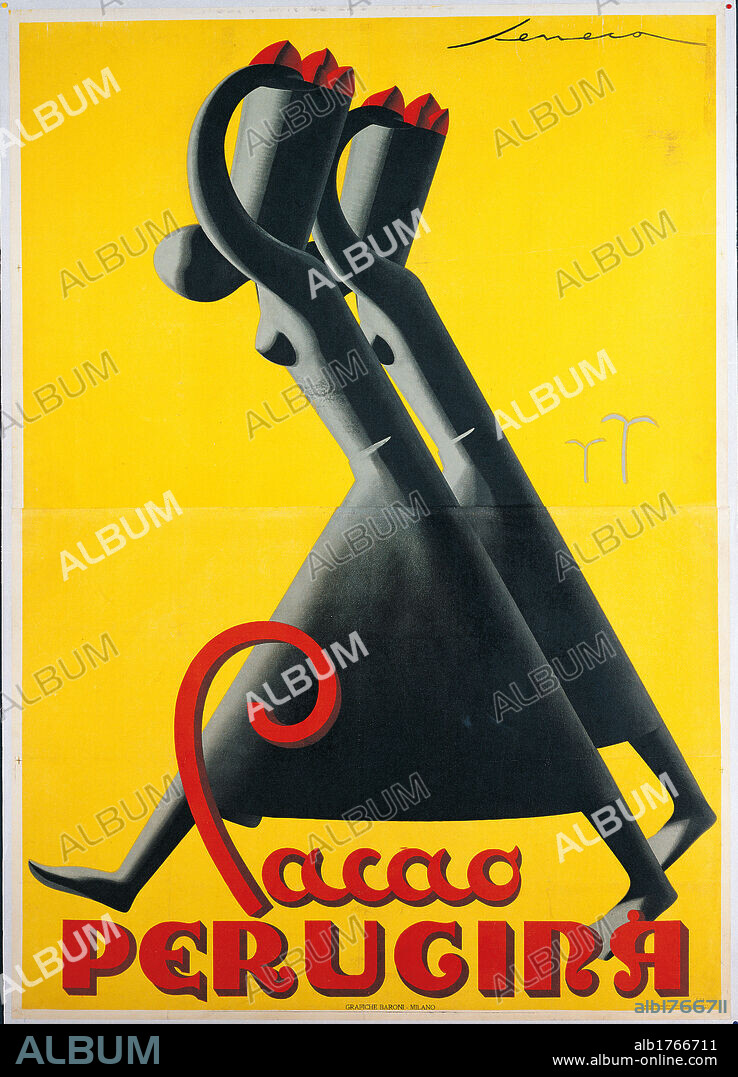 Advertising poster for Cacao Perugina, by Federico Seneca, 1930, 20th Century, print, cm 200 x 140. private collection. Advertising poster Cacao Perugina stylised figures yellow red grey.  Please remember that author's rights have to be cleared for modern and contemporary works of arts.