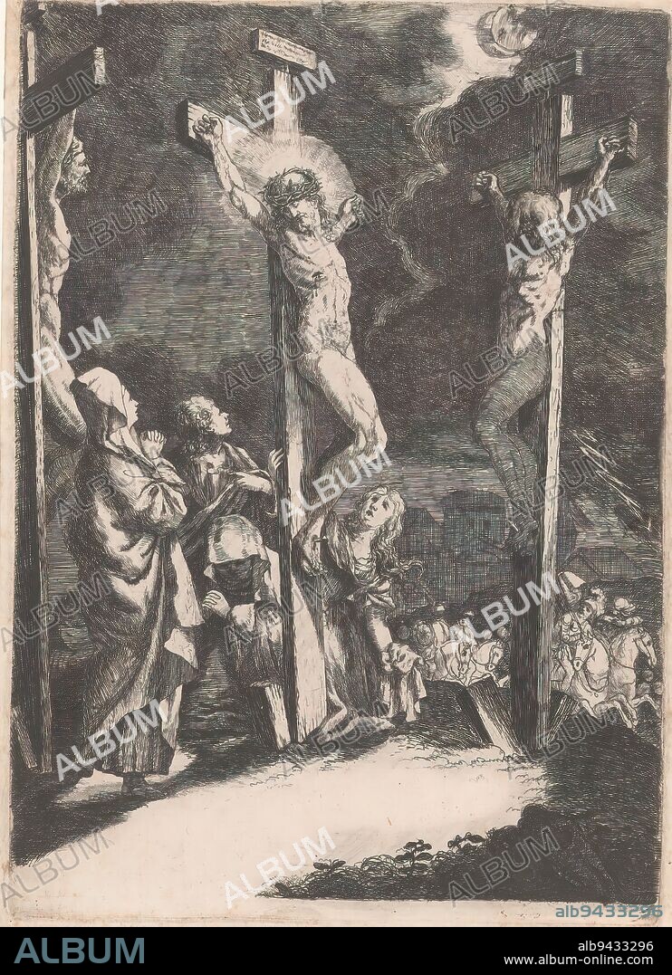 Crucifixion, The three crosses on Golgotha, the cross of Christ in the center. Below the cross John, Mary and Mary Magdalene. Soldiers in the background., print maker: Andreas Massinger, 1769 - 1808, paper, etching, height 214 mm × width 153 mm.