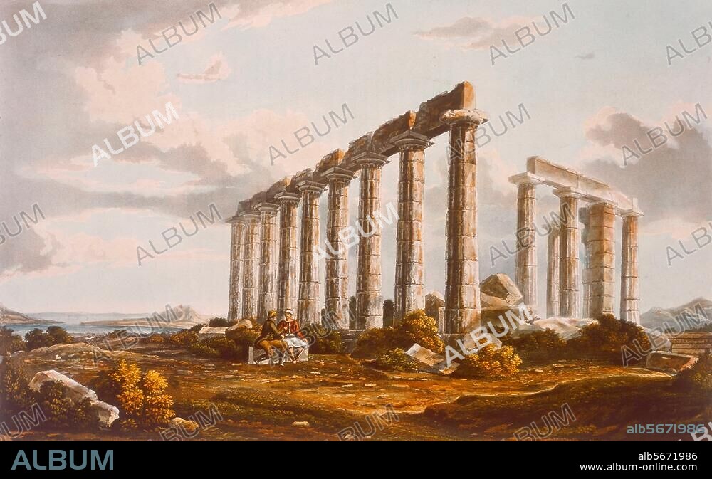 Sunion - Sounion (Attika, Griechenland), Poseidon-Heiligtum, Tempel des Poseidon Soter. (2. Hälfte 5. Jh. v. Chr.). Ansicht von Südwesten. Farbige Aquatinta nach Zeichnung, um. 1801/06, von Edward Dodwell (1767-1832). Aus: E.Dodwell, Views in Greece, London. (Rodwell u. Martin) 1818.