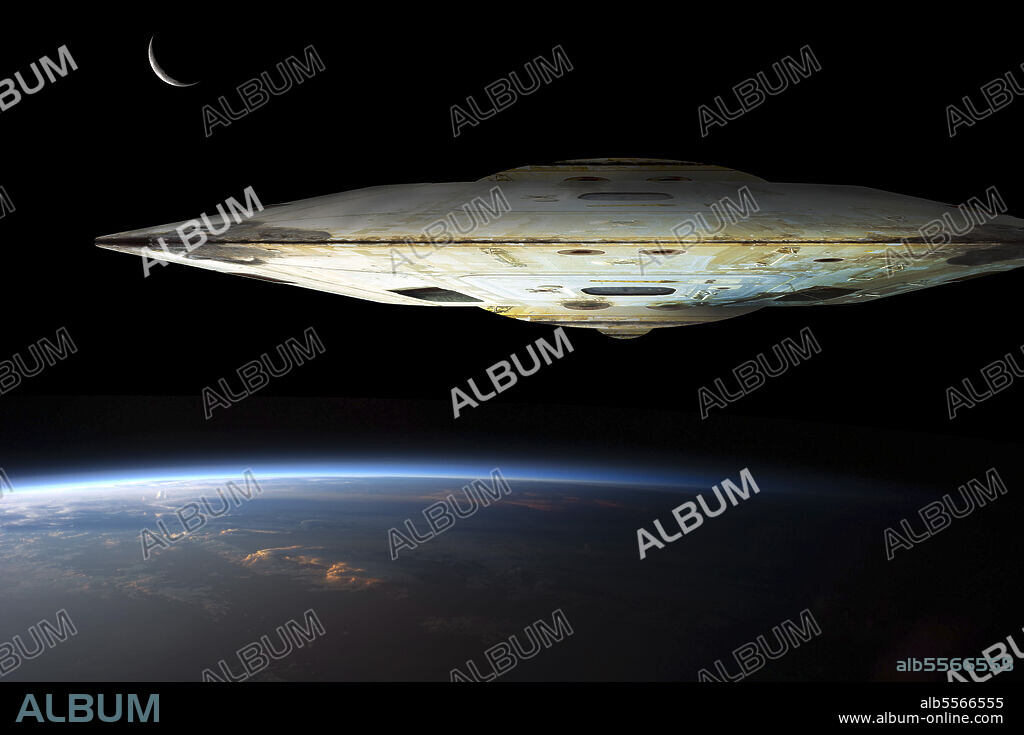 A massive spaceship known as mothership takes position over Earth for a coming invasion at sunrise while the crescent moon shines in the backround.