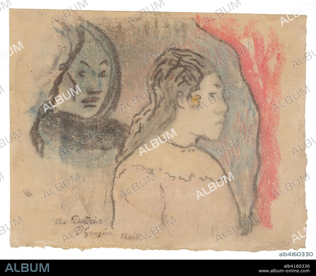 Study of Tahitian Heads. Paul Gauguin; French, 1848-1903. Date: 1898. Dimensions: 237 × 297 mm (primary support), 292 × 355 mm (secondary support). Watercolor and pastel monotype from a paper matrix, with pastel, on cream Japanese paper, laid down on cream 4-ply mat board. Origin: France.