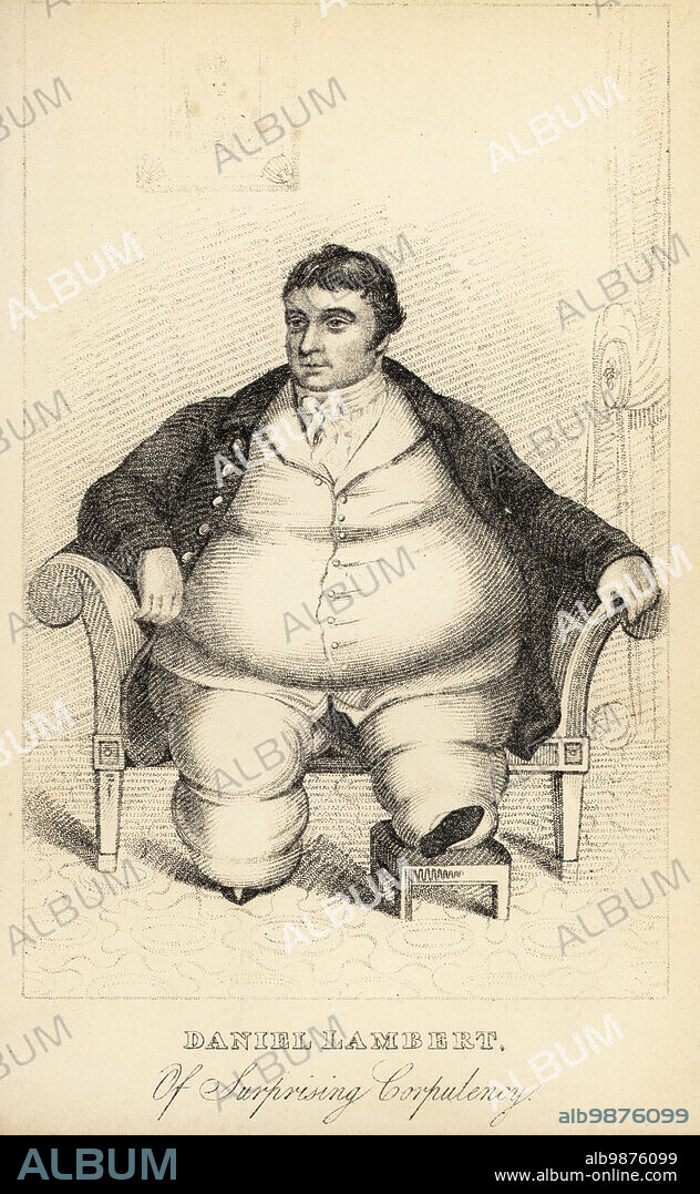 Daniel Lambert, gaol keeper and dog breeder from Leicester, 1770-1809. Exhibited himself in London in 1806 weighing over 700lb, 320kg. Daniel Lambert, of surprising corpulency. Lithograph after a stipple engraving by Robert Cooper from Henry Wilson and James Caulfields Book of Wonderful Characters, Memoirs and Anecdotes, of Remarkable and Eccentric Persons in all ages and countries, John Camden Hotten, Piccadilly, London, 1869.