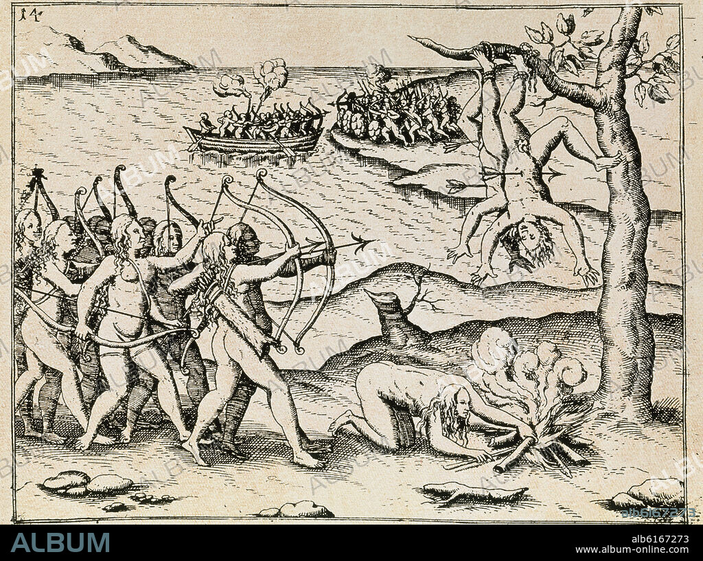 THEODORE BRY (1528-1598). GREAT VOYAGES 1590. AMERICA. GRABADO-MUJERES AMAZONAS MATANDO A LOS INDIOS QUE LAS ATACAN - S XVI.