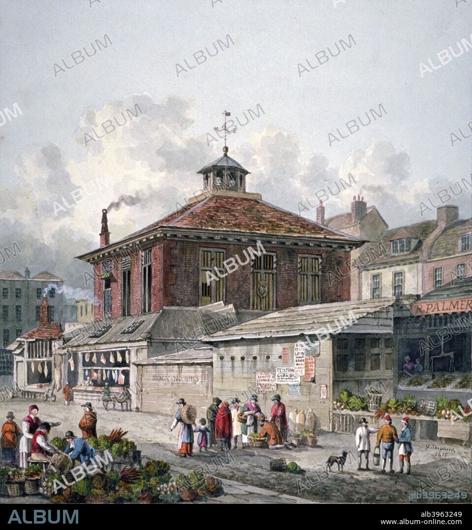 Clare Market, Westminster, London, 1815. View of Clare Market at the back of Portugal Row, showing figures in front of the vegetable sellers and two butchers' stalls.