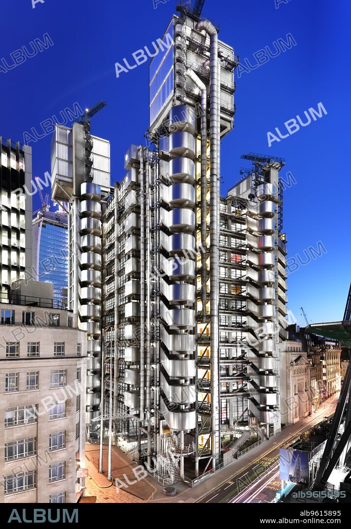 Lloyds Building, City of London, 2013. Located on former site of East India House in Lime Street, the building is a leading example of radical Bowellism architecture. Designed by the architect company Richard Rogers and Partners and officially opened by Queen Elizabeth II on 18 November 1986.